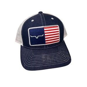 Kimes Ranch American Flag Trucker Hat Denim Mesh Snapback Cap Blue White